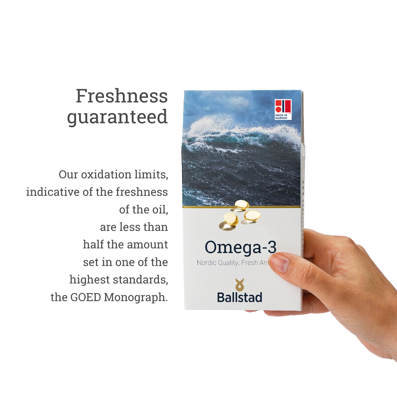 Ballstad Omega-3 supplement box held by a hand with text about freshness guarantee.