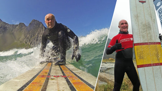 Elderly man surfing in cold waters near rocky mountains in one photo, and posing smiling with his surfboard in a wetsuit on the beach in the other.