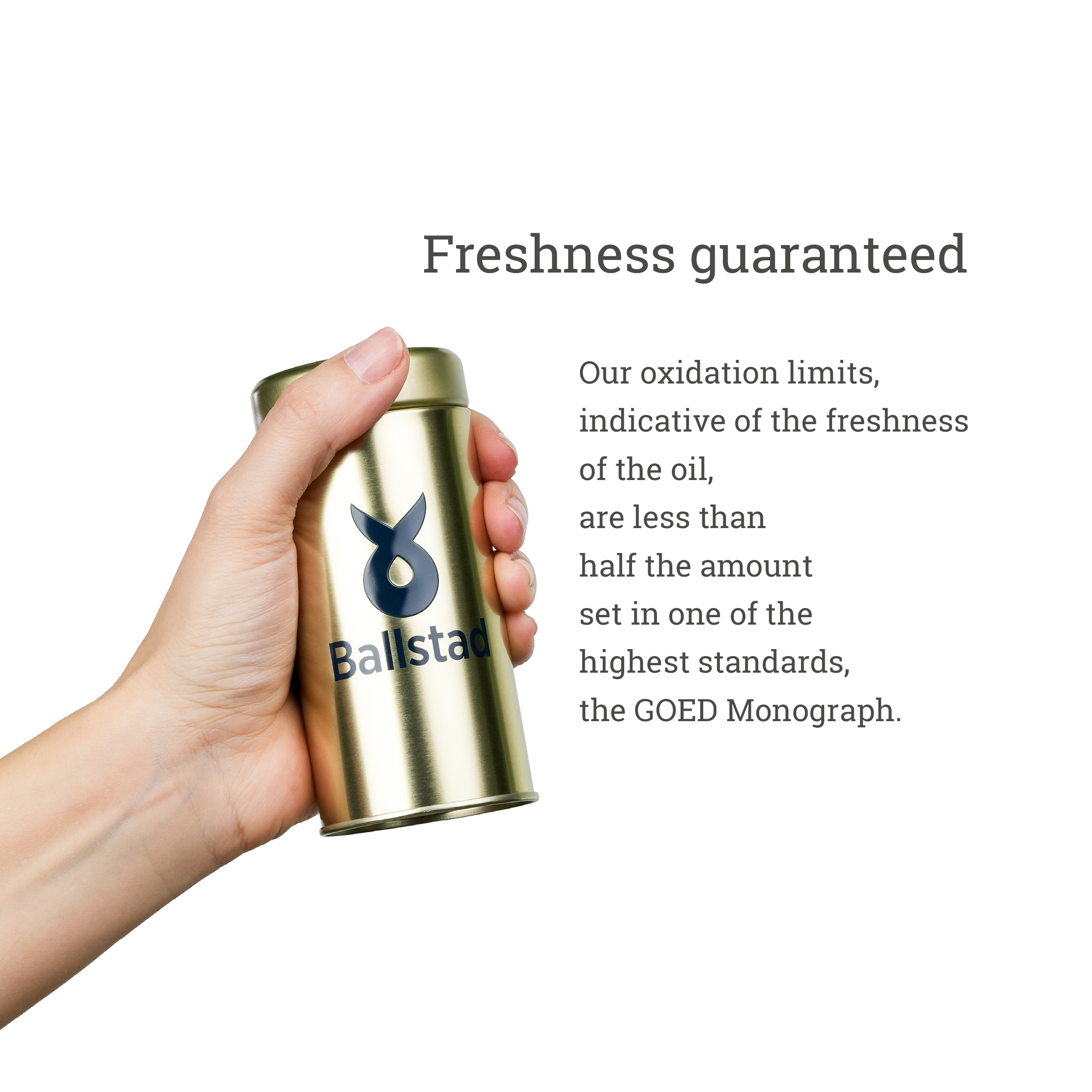 Gold canister with Ballista logo held by a hand, text about oil freshness on a white background
