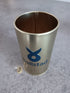 Metallic cup with 'Ballstad' logo on a gray surface